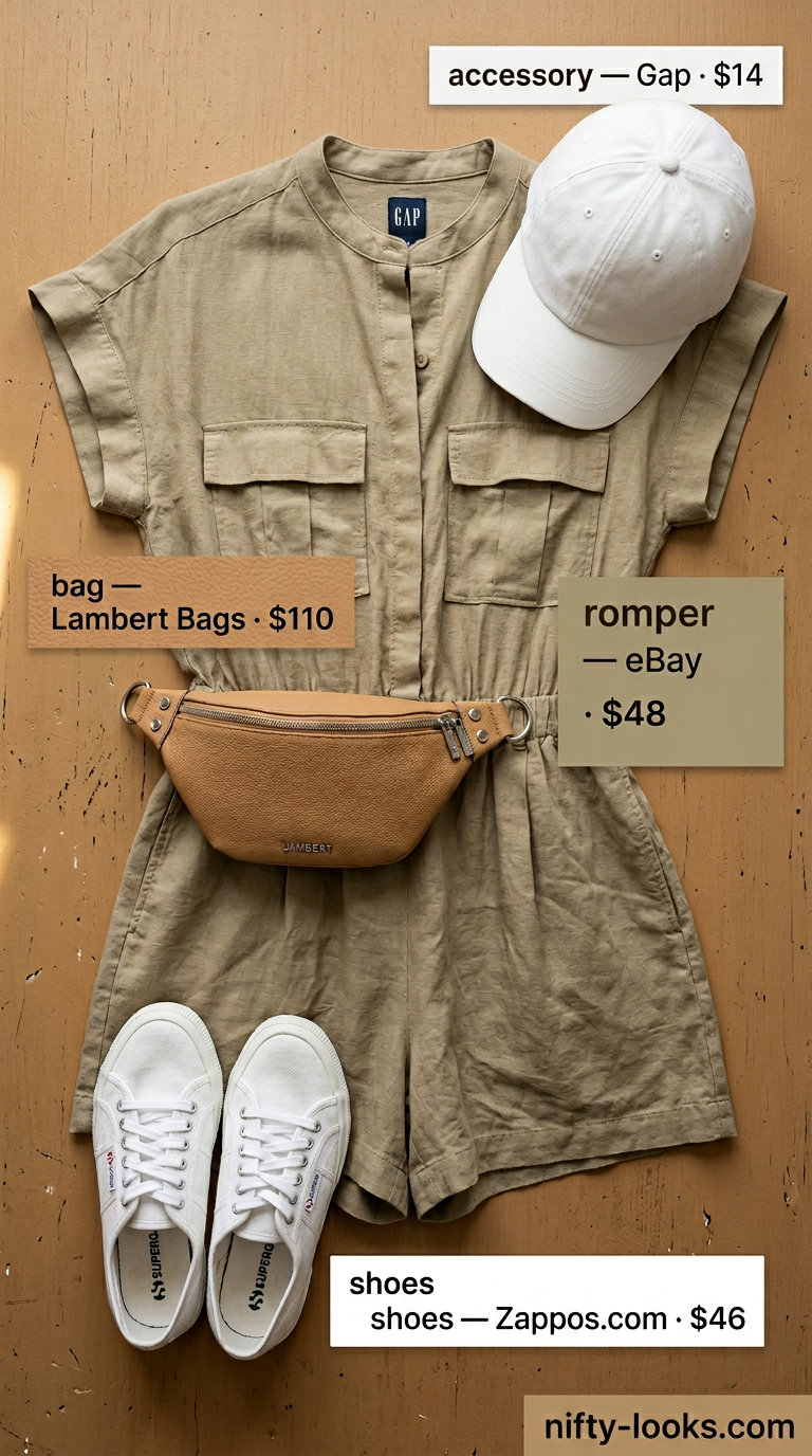 Khaki linen summer romper outfits for women 2026 with white cap and tan belt bag for day trips.