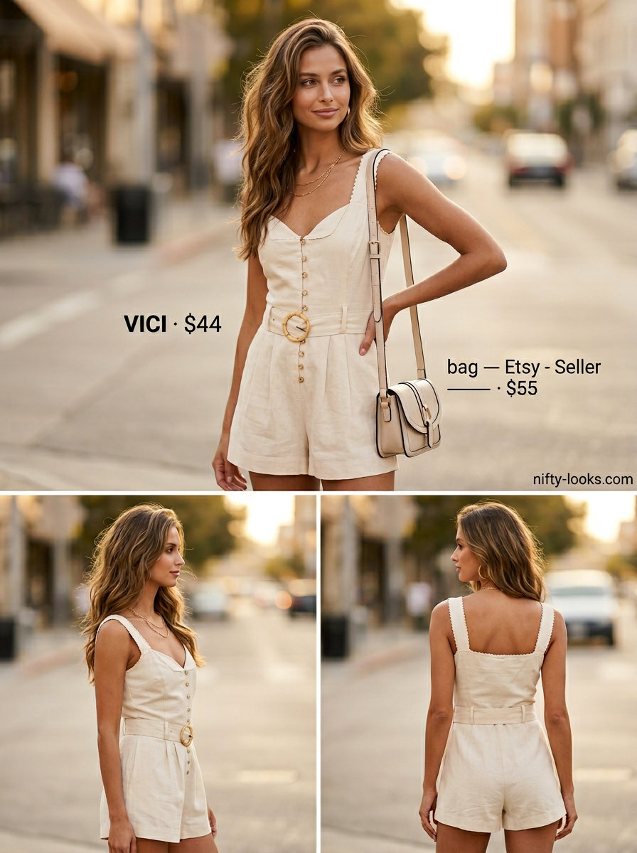 Monochrome ivory linen romper outfit for women 2026, perfect for summer gatherings and elegant casual events.