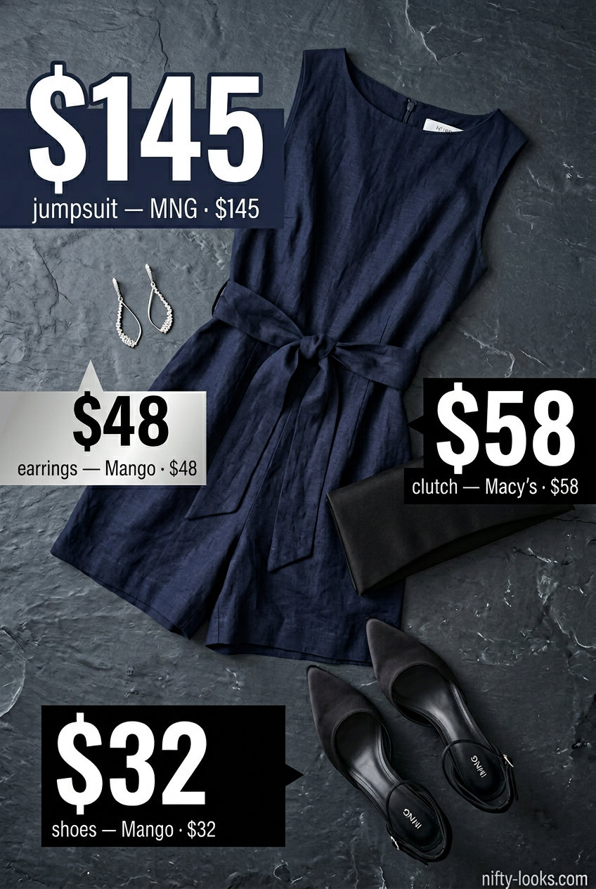 Navy linen romper outfit for women 2026, perfect for evening events and cocktail parties. Elegant and sophisticated.