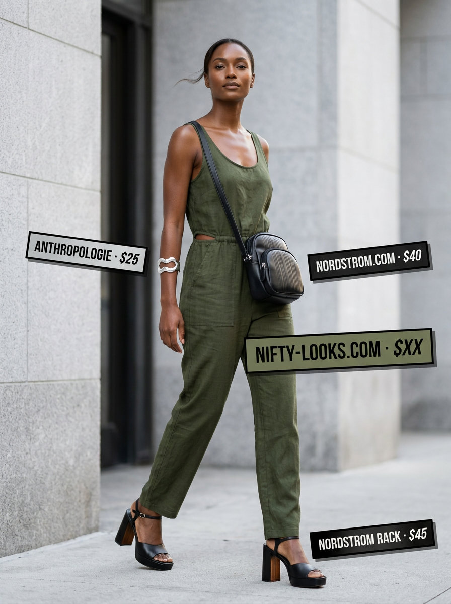 Olive green linen summer romper outfits for women 2026 styled with black block heels and silver accessories.