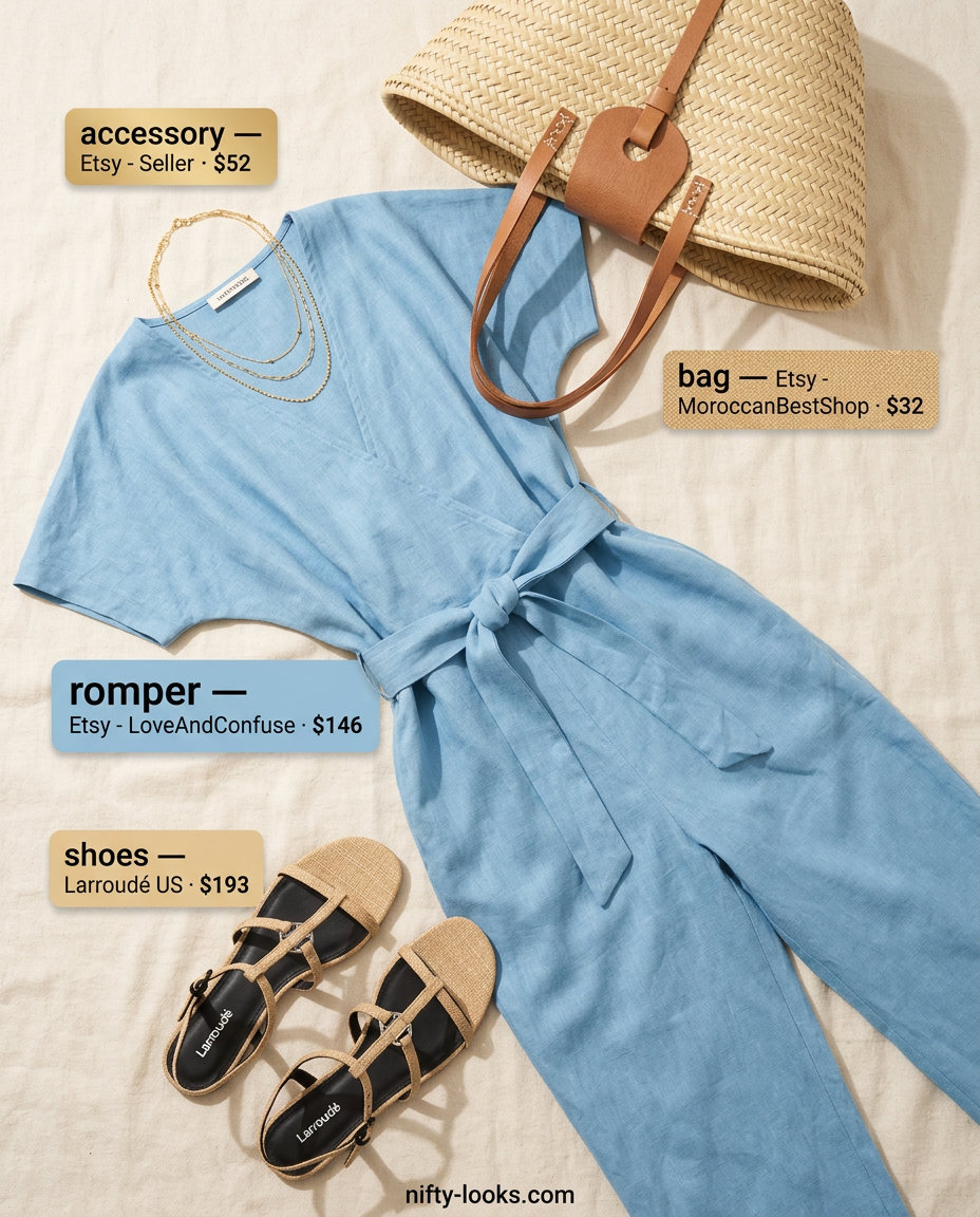 Sky blue linen summer romper outfits for women 2026 with espadrilles and straw tote for beach.