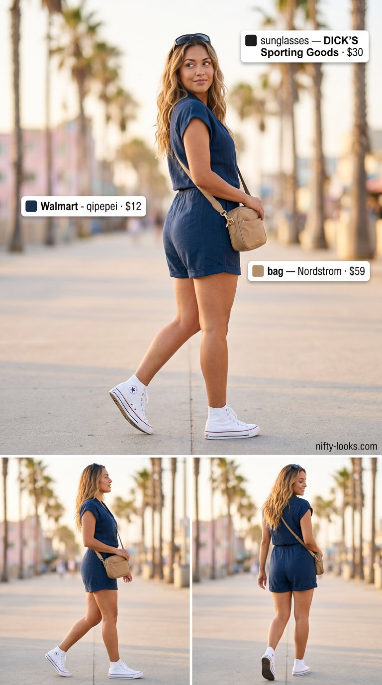 Sporty navy blue linen romper outfit for women 2026, great for active summer days and travel.