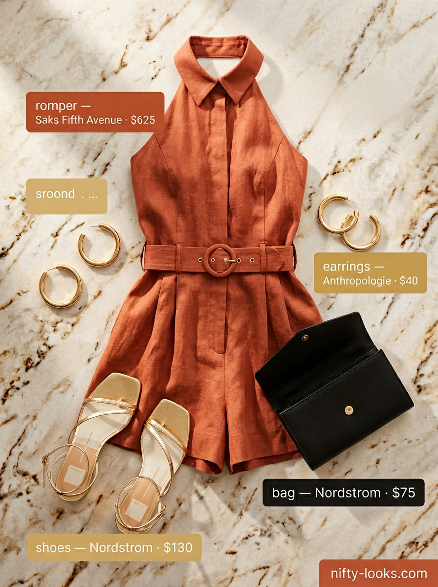 Sunset glow terracotta linen romper outfit for women 2026, perfect for evening summer dinners.