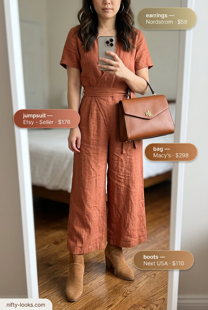 Terracotta linen romper outfit for women 2026, ideal for summer dinners and travel. Sophisticated and warm.