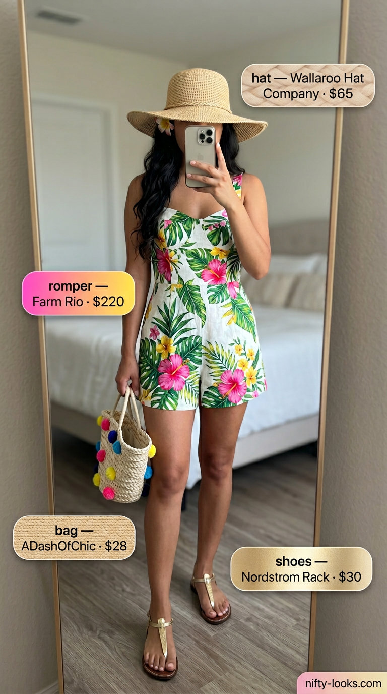 Tropical print linen romper outfit for women 2026, perfect for vacation and resort wear. Fun and vibrant.