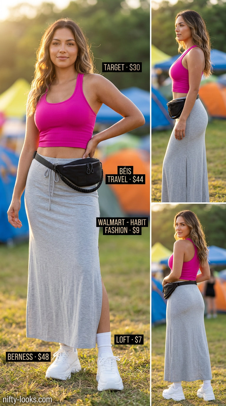 Sporty fuchsia athletic crop top with black maxi skirt, chunky sneakers, and belt bag for summer 2026.