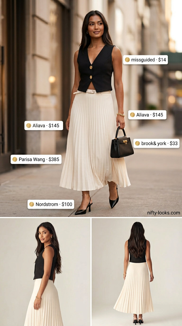 Chic black and cream maxi skirt with tailored crop top vest, pumps, and mini bag. Business casual summer 2026.