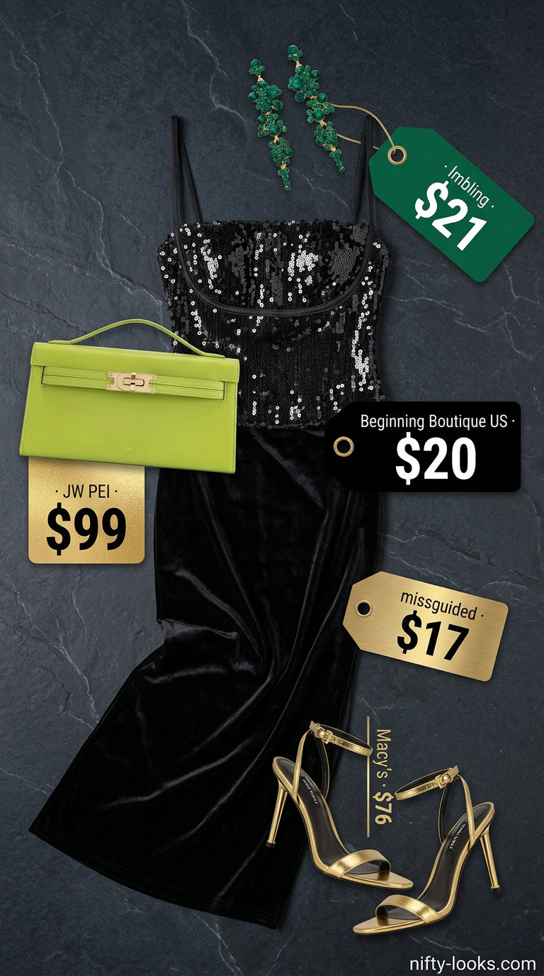 Glamorous black velvet maxi skirt with sequin crop top, stiletto heels, and emerald earrings for summer 2026.