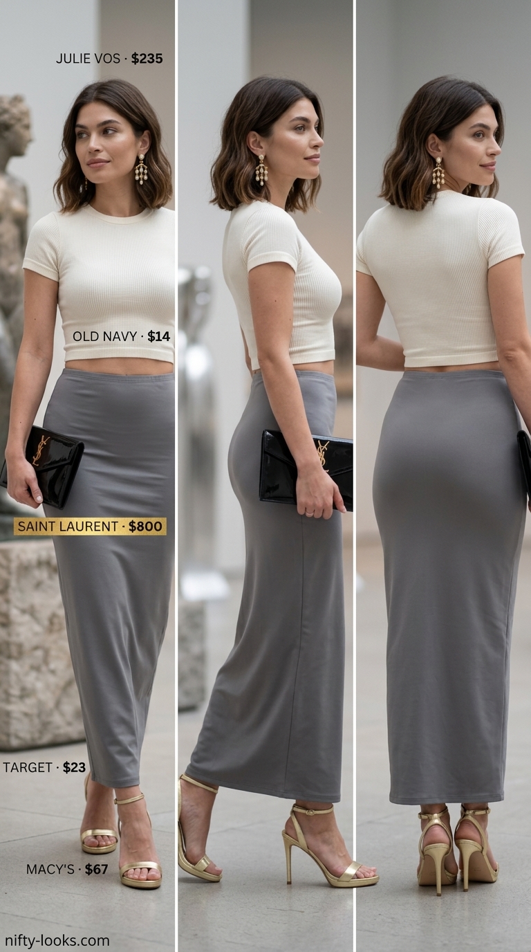 Chic stone gray maxi skirt with white ribbed crop top, minimalist sneakers, and shoulder bag for summer 2026.