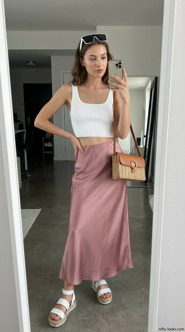 Vibrant hot pink maxi skirt with tangerine crop top, chunky sandals, and straw tote for summer 2026.