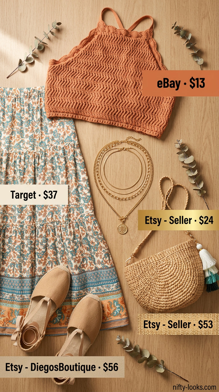 Maxi skirt with crop top outfits summer 2026: Floral maxi skirt, crochet crop top, straw bag, espadrilles.