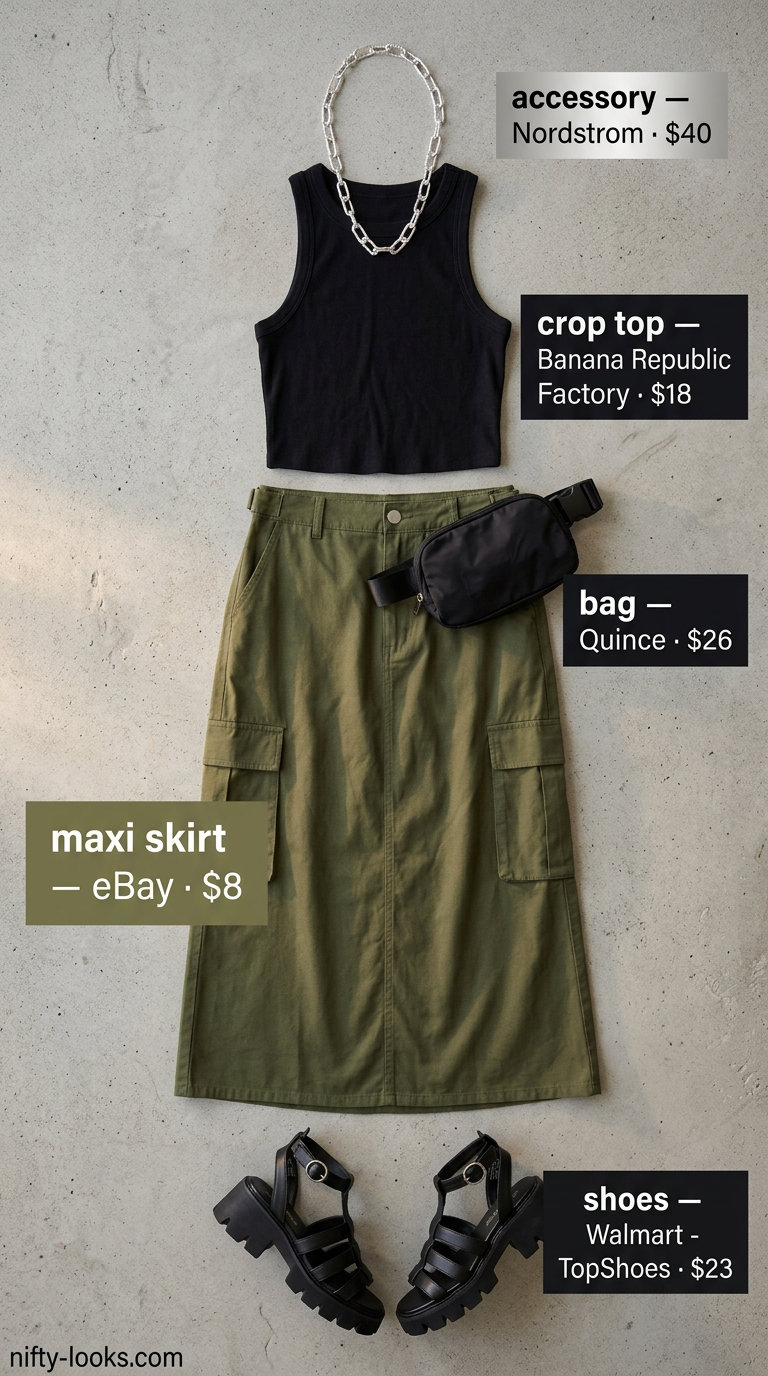 Maxi skirt with crop top outfits summer 2026: Olive cargo maxi skirt, black tank crop top, crossbody bag.