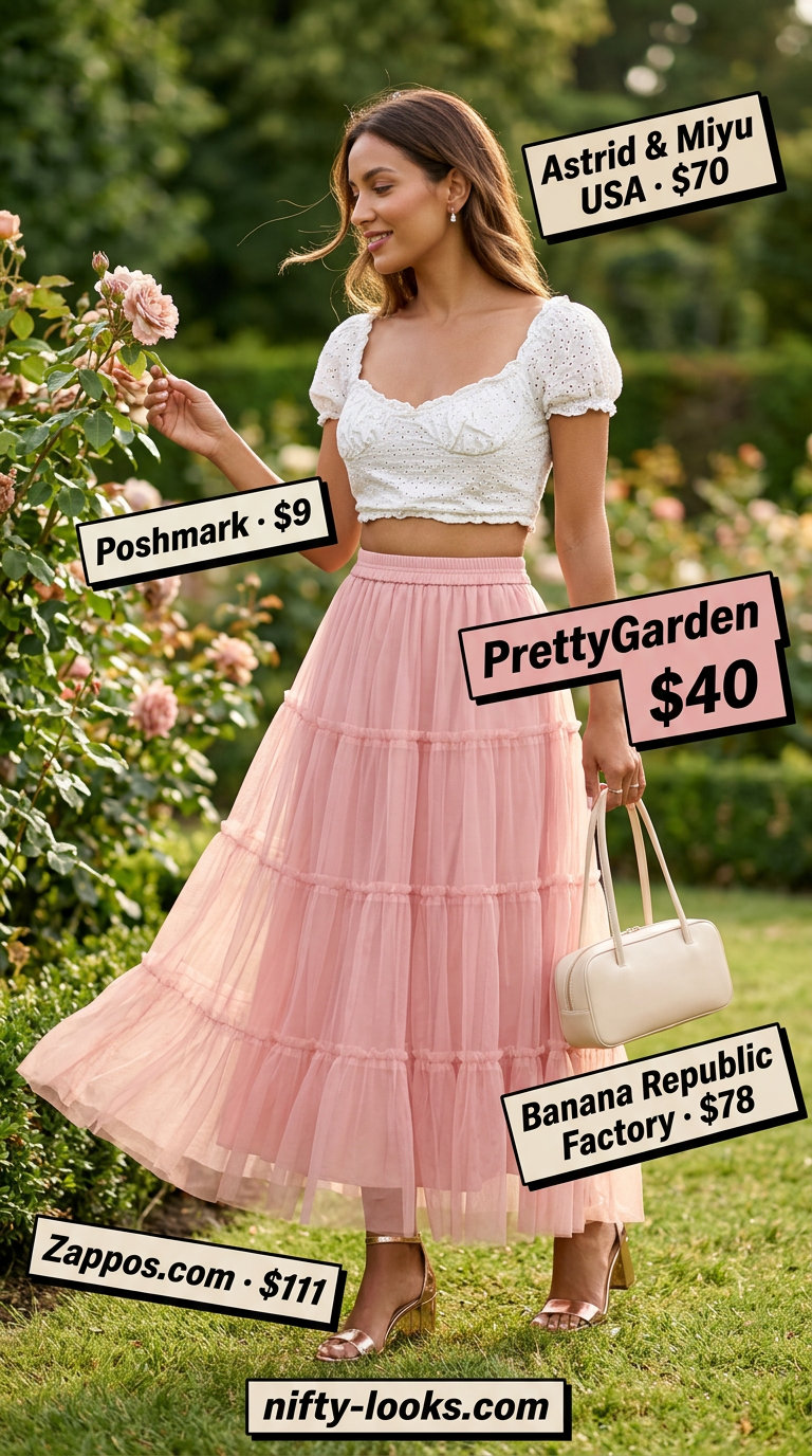 Maxi skirt with crop top outfits summer 2026: Blush pink maxi skirt, eyelet crop top, rose gold sandals.