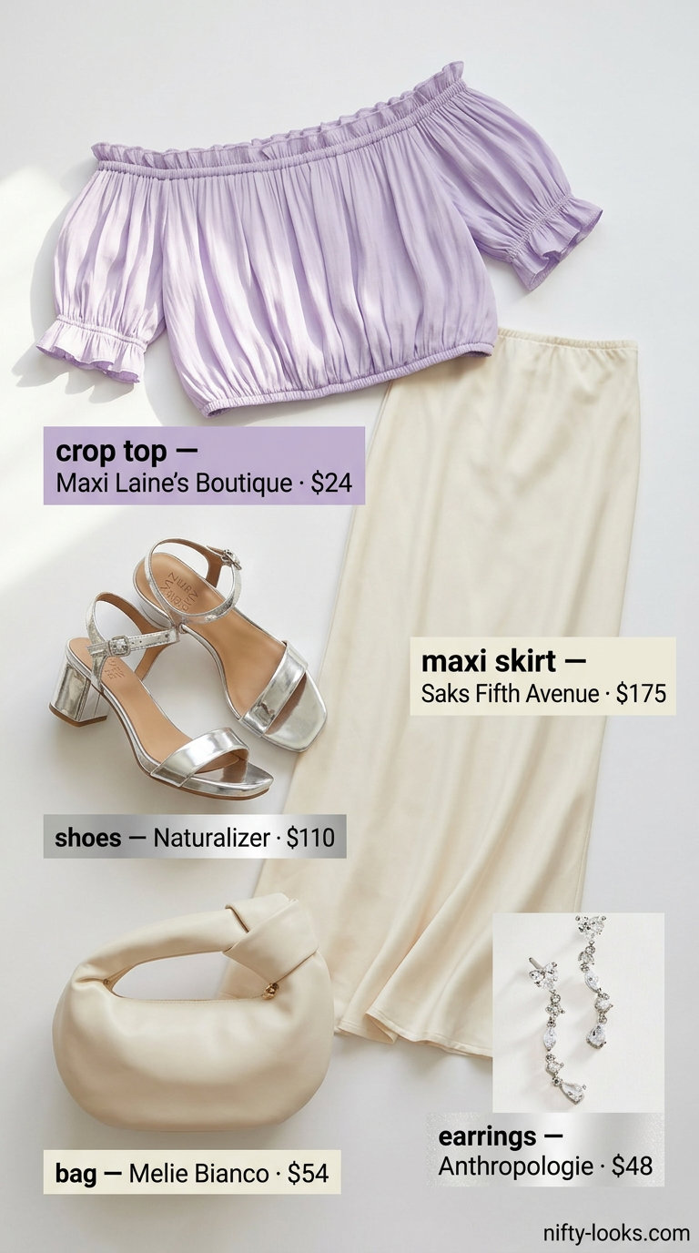 Maxi skirt with crop top outfits summer 2026: Cream maxi skirt, lavender ruffle crop top, silver sandals.