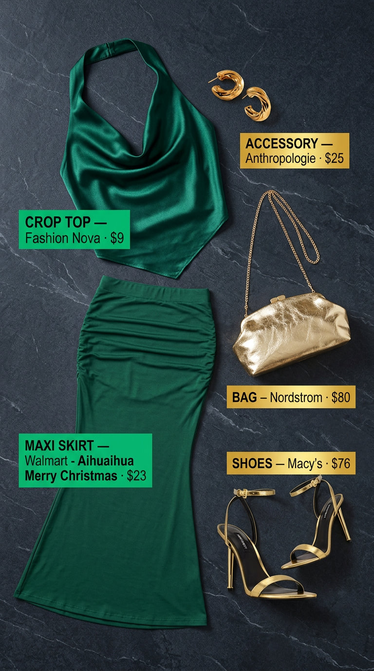 Maxi skirt with crop top outfits summer 2026: Emerald knit maxi skirt, cowl neck crop top, gold accessories.