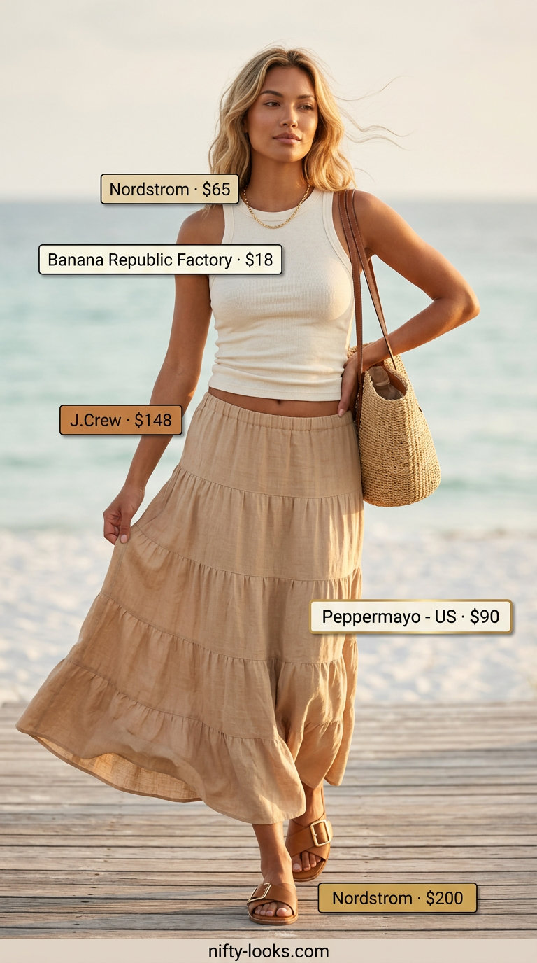 Maxi skirt with crop top outfits summer 2026: White linen maxi skirt, beige crop top, tan sandals.