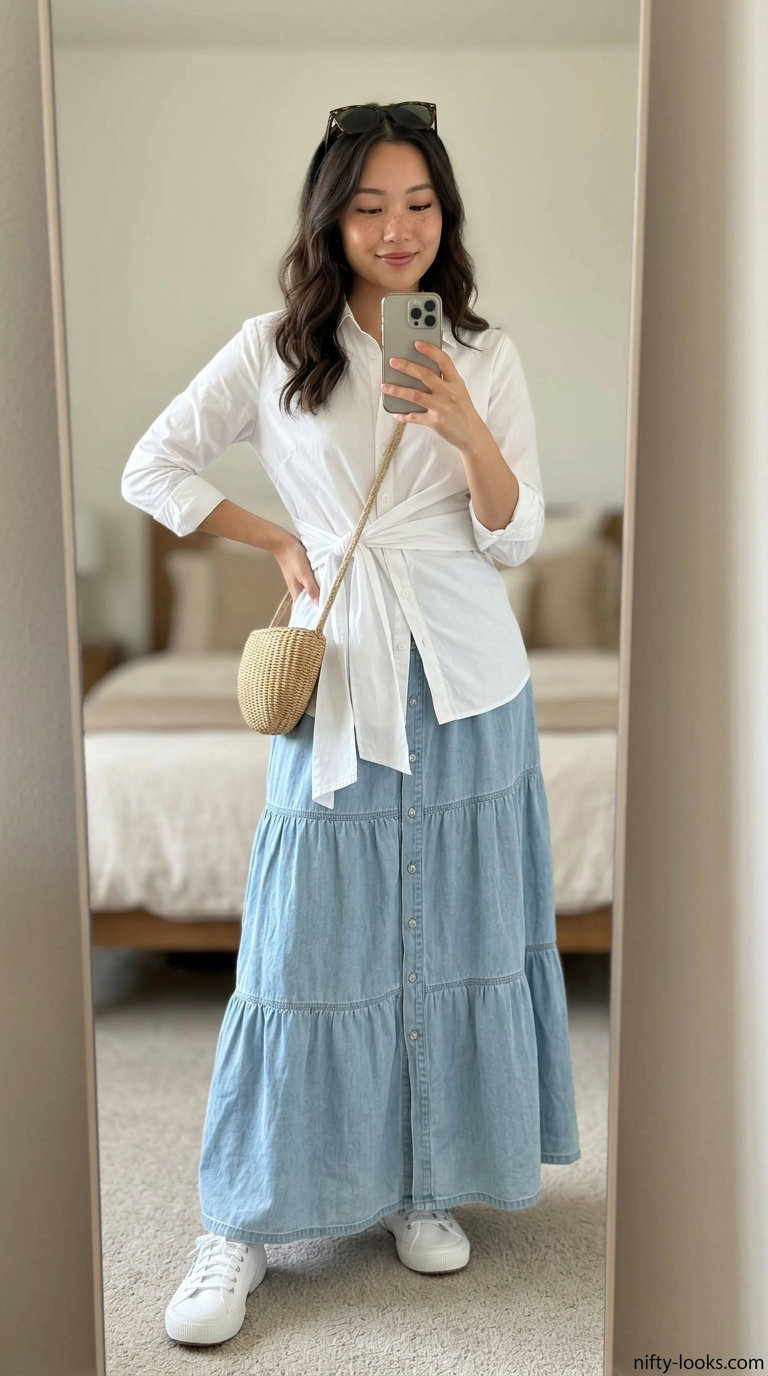 Maxi skirt with crop top outfits summer 2026: Denim maxi skirt, white shirt tied as crop top, sneakers.
