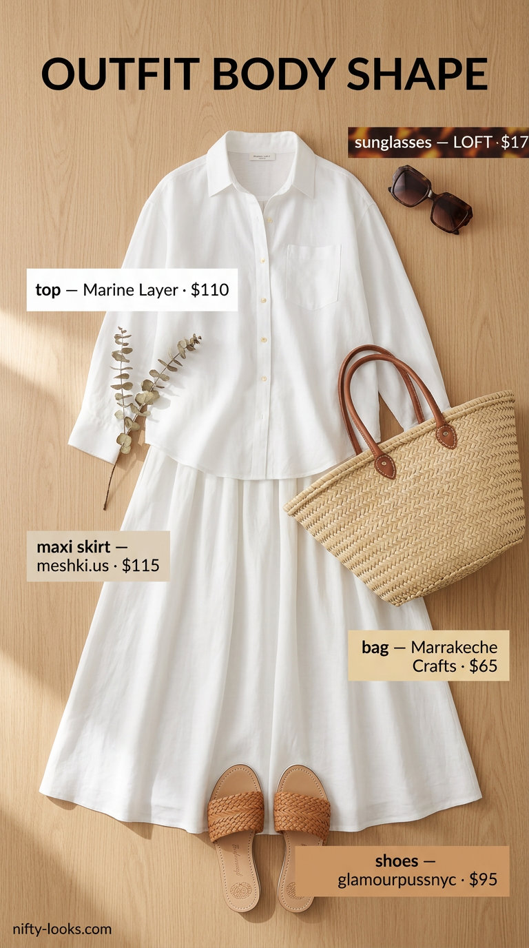 Beige linen maxi skirt with tied white linen shirt for coastal summer brunch outfits 2026.