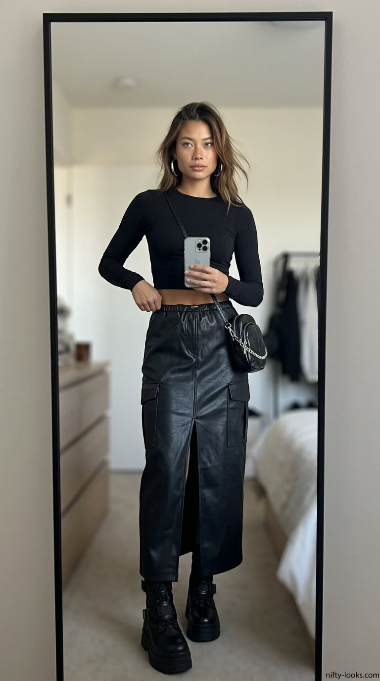 Black faux leather maxi skirt with long-sleeve crop top and combat boots for edgy summer concert outfits 2026.