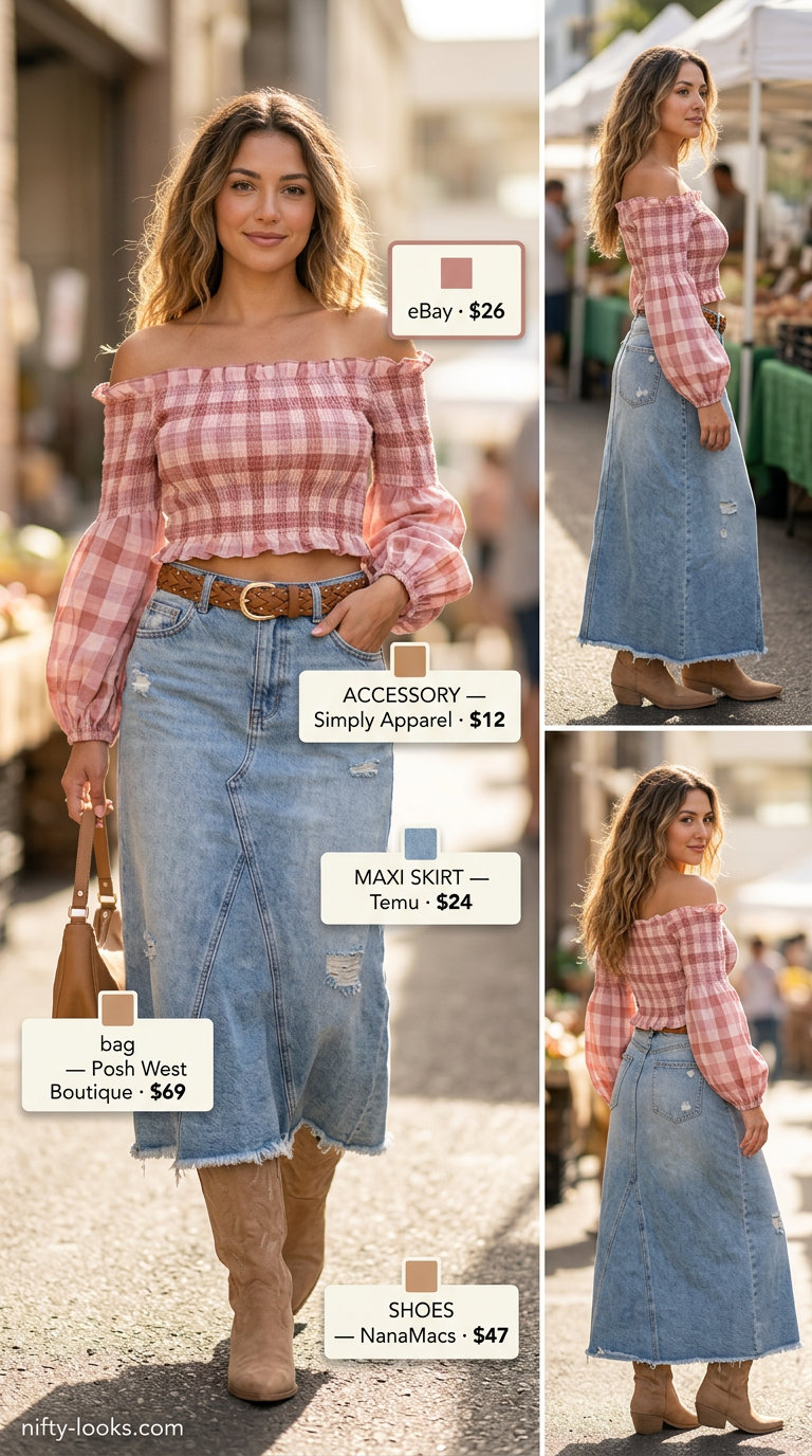 Dusty rose gingham crop top with distressed denim maxi skirt and cowboy boots for summer ranch outfits 2026.