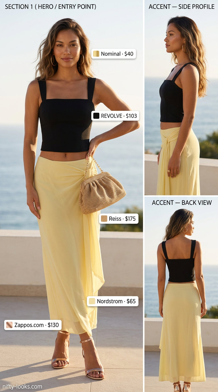 Sunny yellow sarong maxi skirt with cerulean halter crop top for glamorous resort summer outfits 2026.