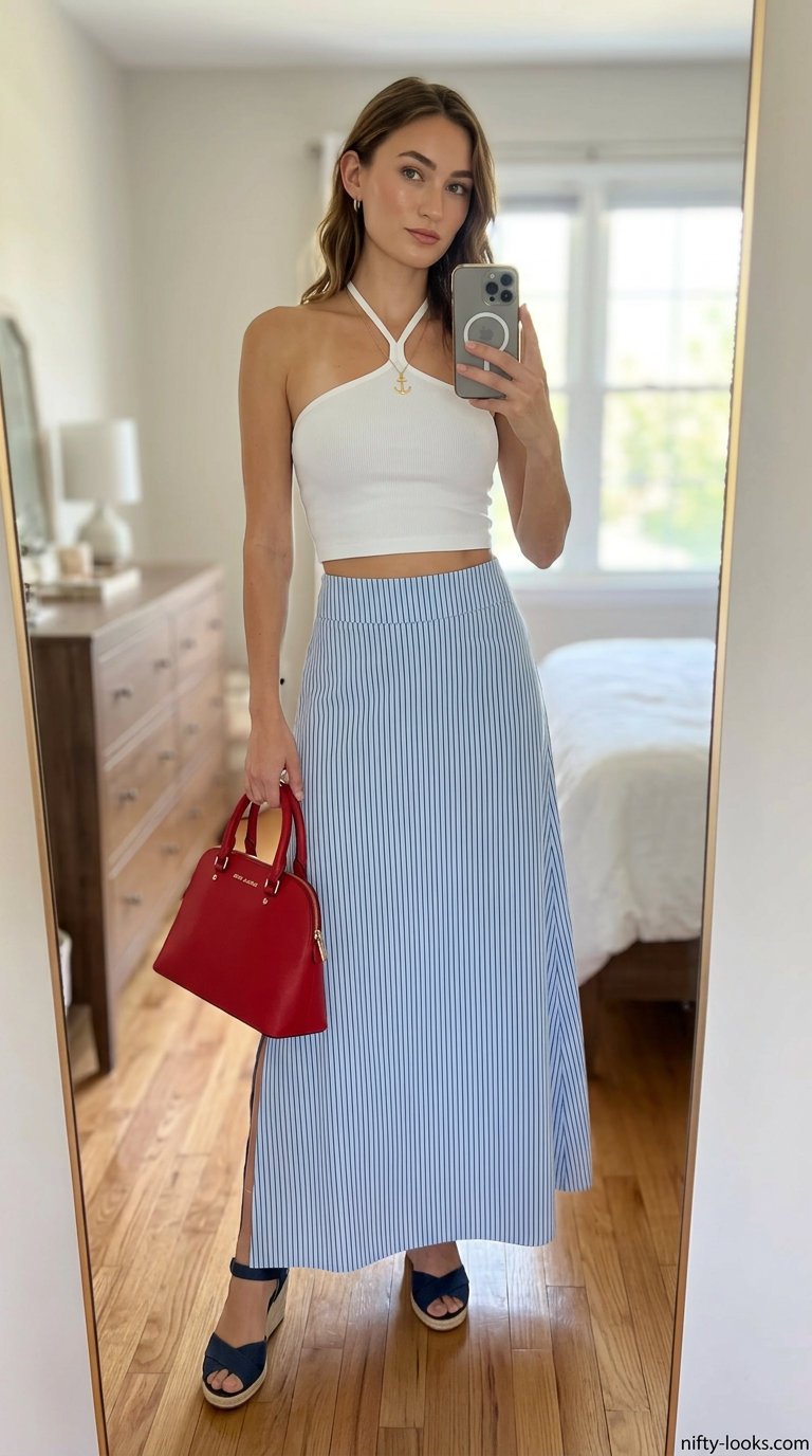 Navy striped knit maxi skirt with white halter crop top and espadrilles for Riviera summer outfits 2026.