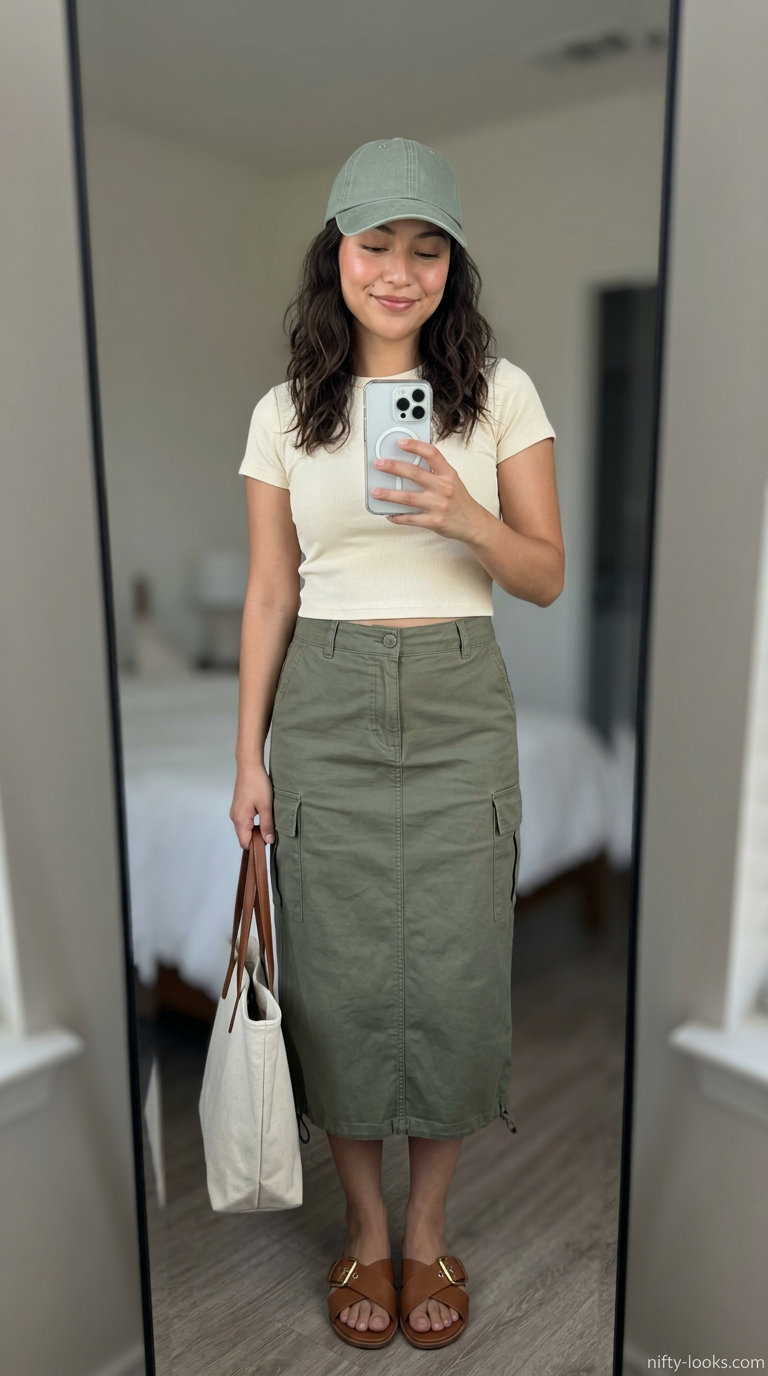 Olive green cargo maxi skirt with cream crop tee and canvas tote for casual summer outfits 2026.
