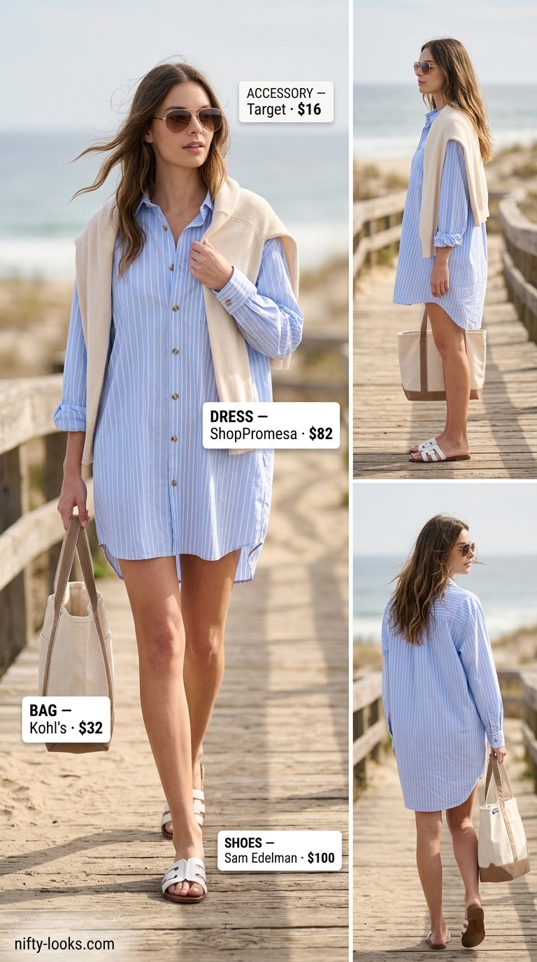 Minimalist summer basic outfit for women 2026: Light blue stripe shirt dress, tan tote, white slides. Effortless casual day look.