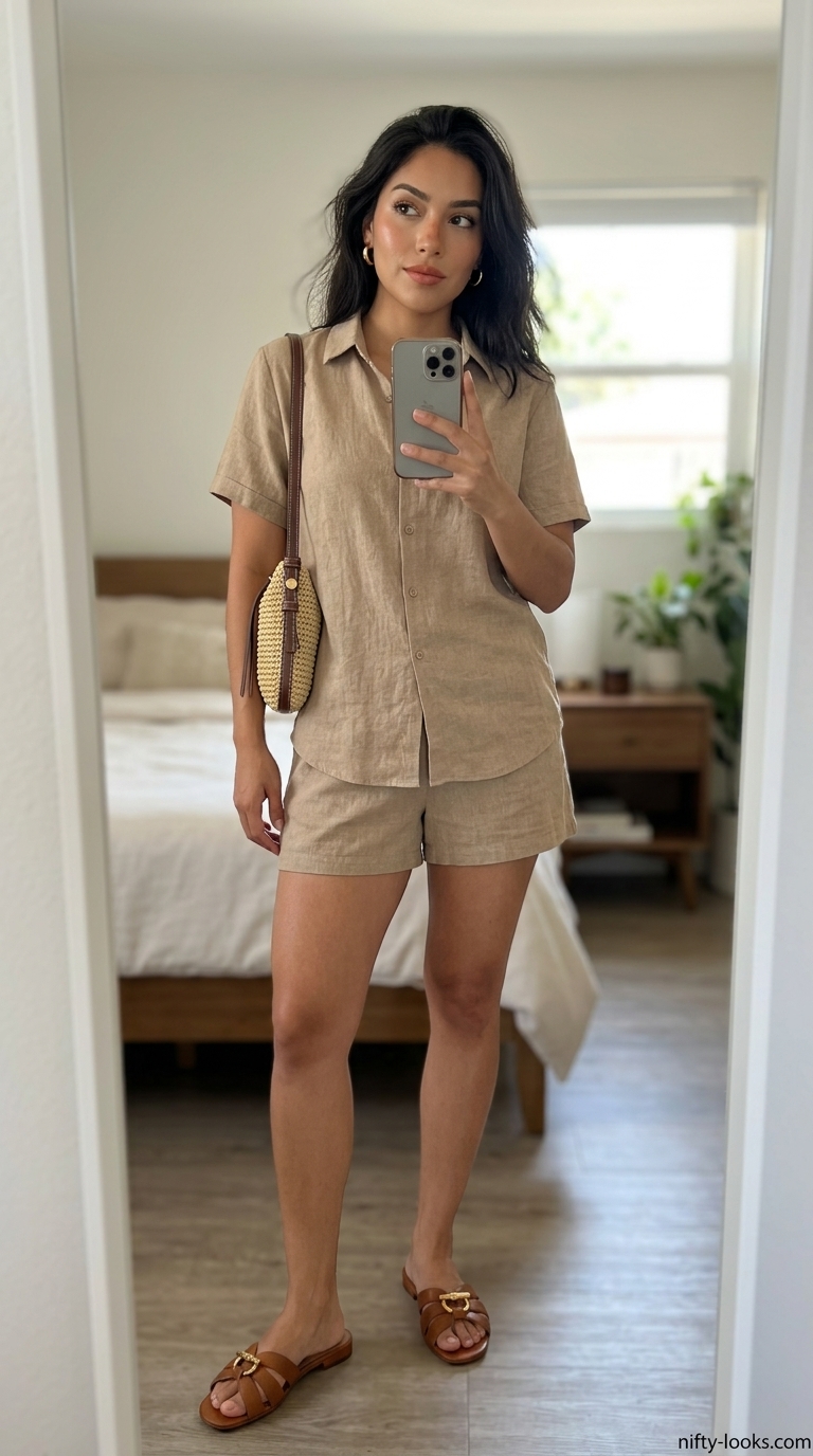 Minimalist summer basic outfit for women 2026: Cream linen shorts set, tan sandals, straw bag. Chic weekend style.