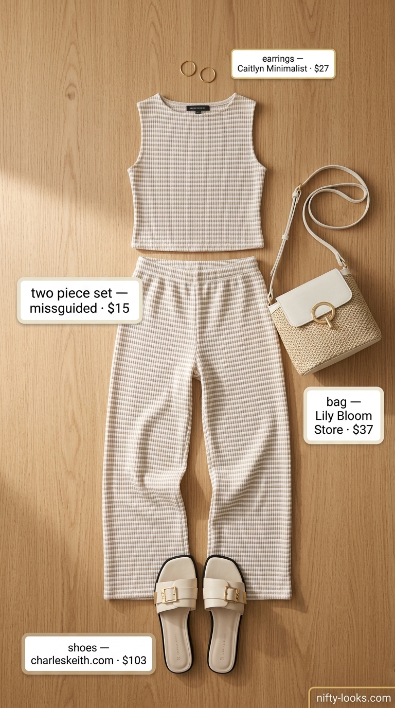 Minimalist summer basic outfit for women 2026: Ivory knit set, beige slides, straw bag. Comfortable lounge wear.