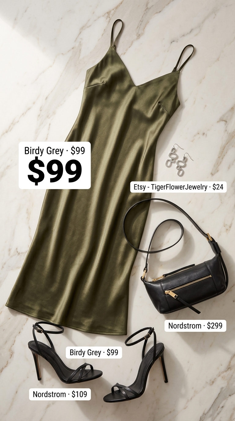 Minimalist summer basic outfit for women 2026: Olive green slip dress, black sandals, silver earrings. Modern evening look.