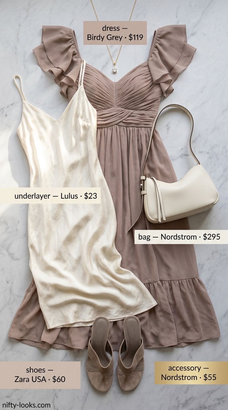 Minimalist summer basic outfit for women 2026: Taupe sheer overlay dress, ivory slip dress, nude sandals. Ethereal resort wear.