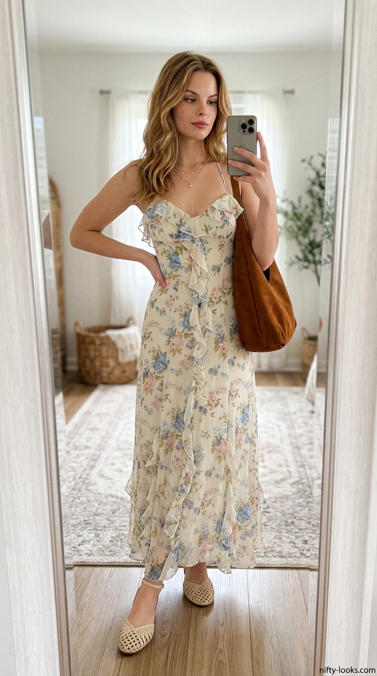 Minimalist summer basic outfit for women 2026: Taupe maxi dress, cream sandals, gold necklaces. Relaxed vacation style.