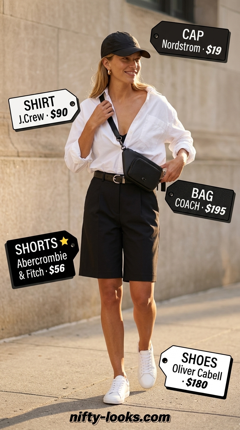 Minimalist summer basic outfit for women 2026: Black Bermuda shorts, white oversized shirt, and sneakers for chic athleisure.