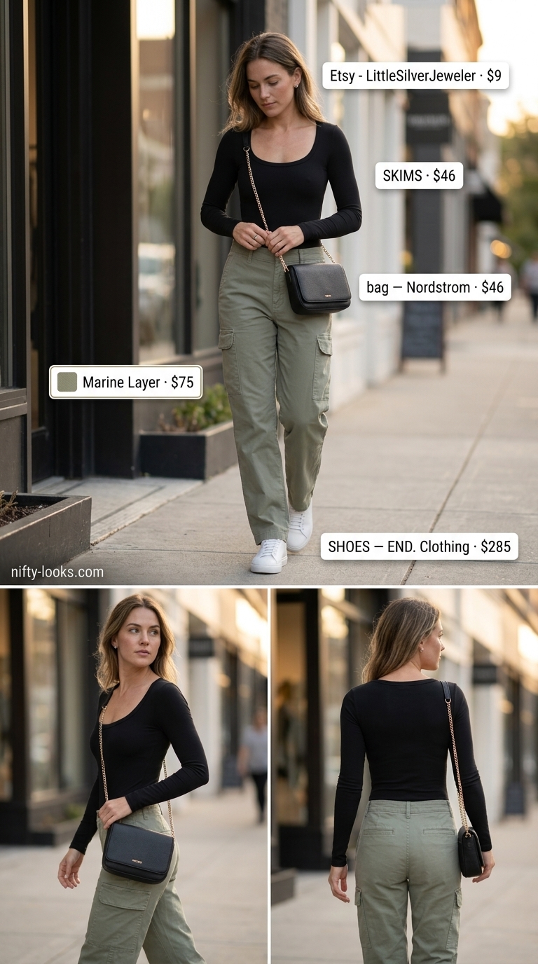 Minimalist summer basic outfit women 2026: Khaki cargo pants, black bodysuit, white sneakers.