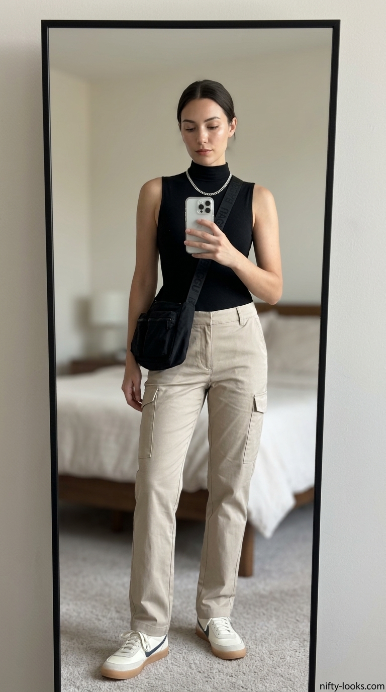 Minimalist summer basic outfit for women 2026: Stone cargo pants, black bodysuit, and chunky sneakers for casual outings.