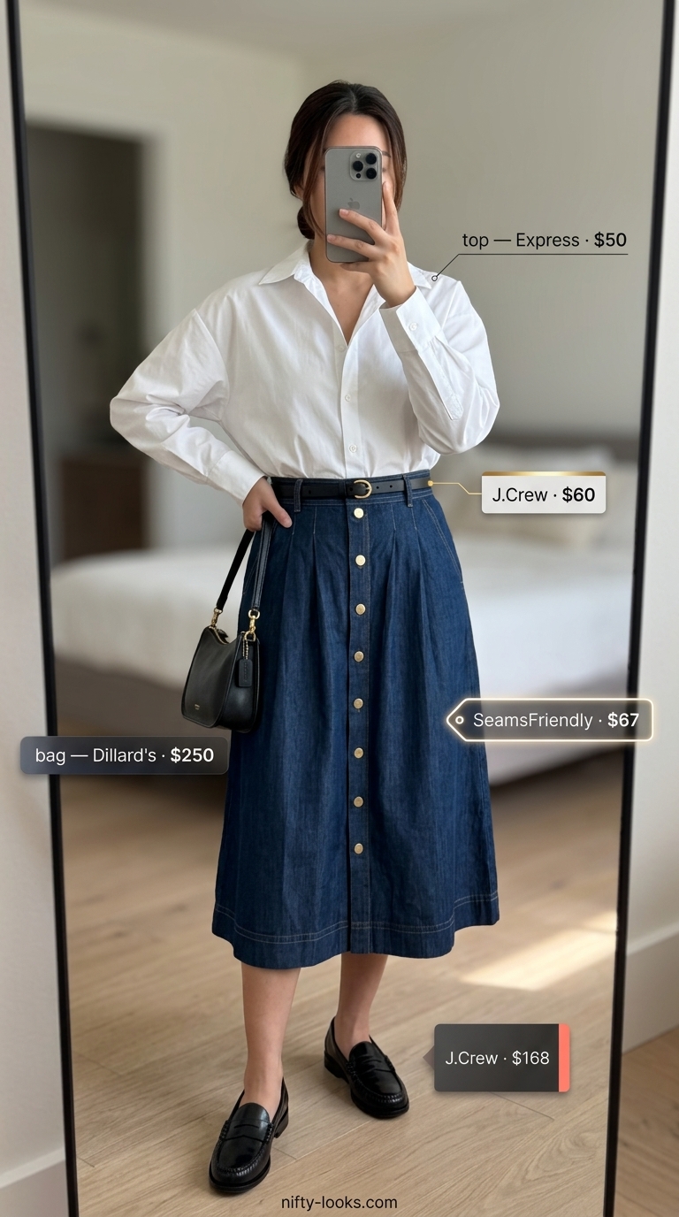 Minimalist summer basic outfit women 2026: Denim midi skirt, white shirt, black loafers, shoulder bag.