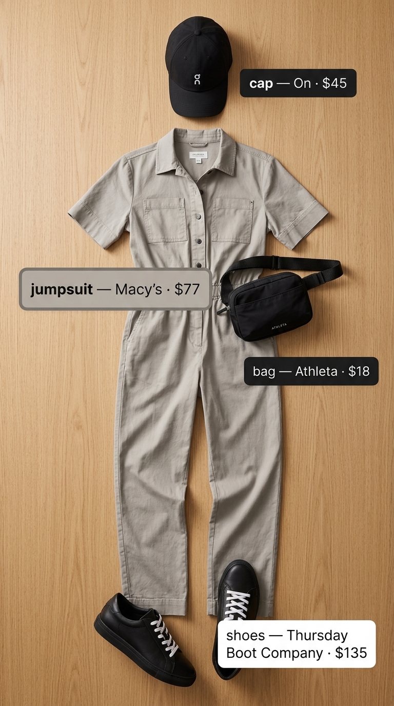 Minimalist summer basic outfit for women 2026: Stone utility jumpsuit, white sneakers, and black belt bag for cool errands.