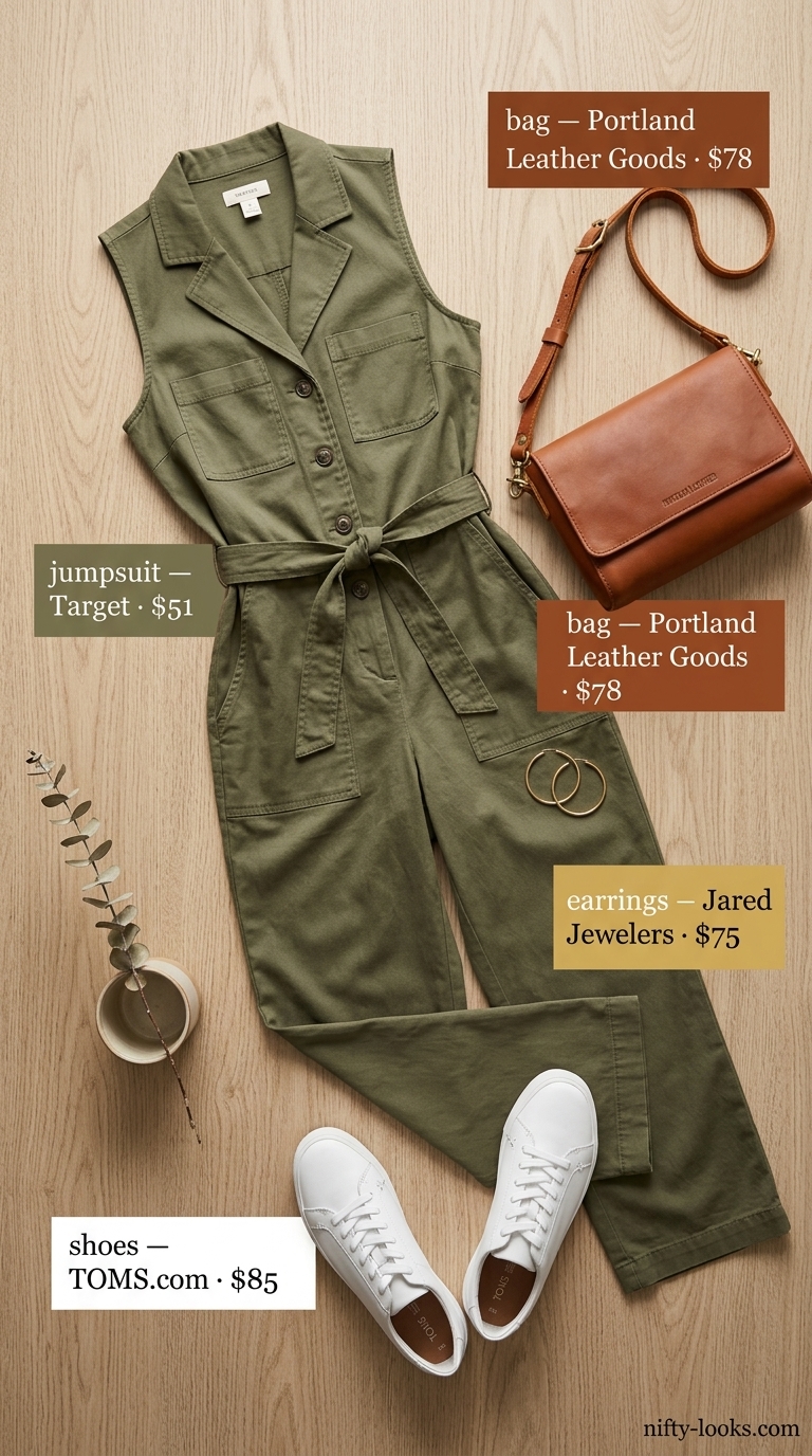 Minimalist summer basic outfit women 2026: Khaki jumpsuit, white sneakers, tan crossbody, gold hoops.