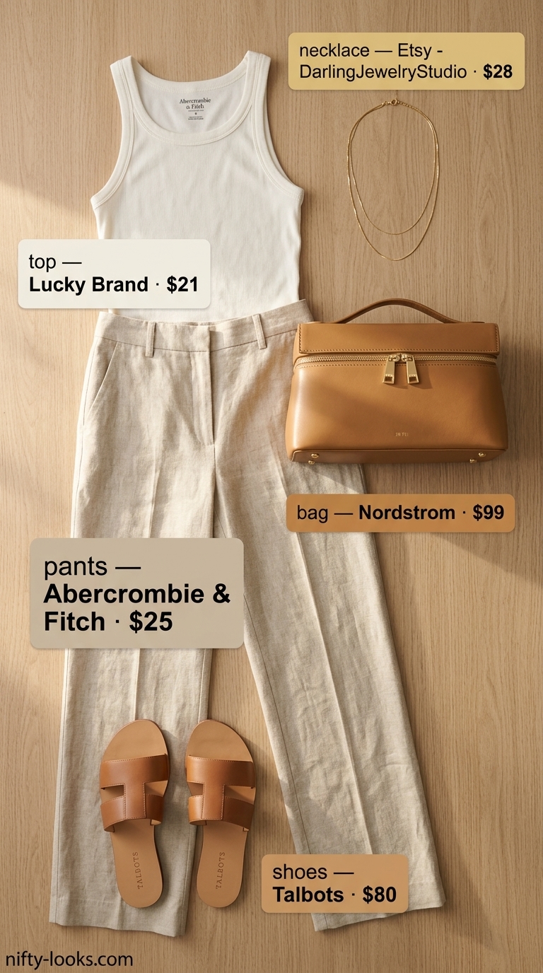 Minimalist summer basic outfit for women 2026: Beige linen pants, cream ribbed tank, and tan sandals for relaxed chic.