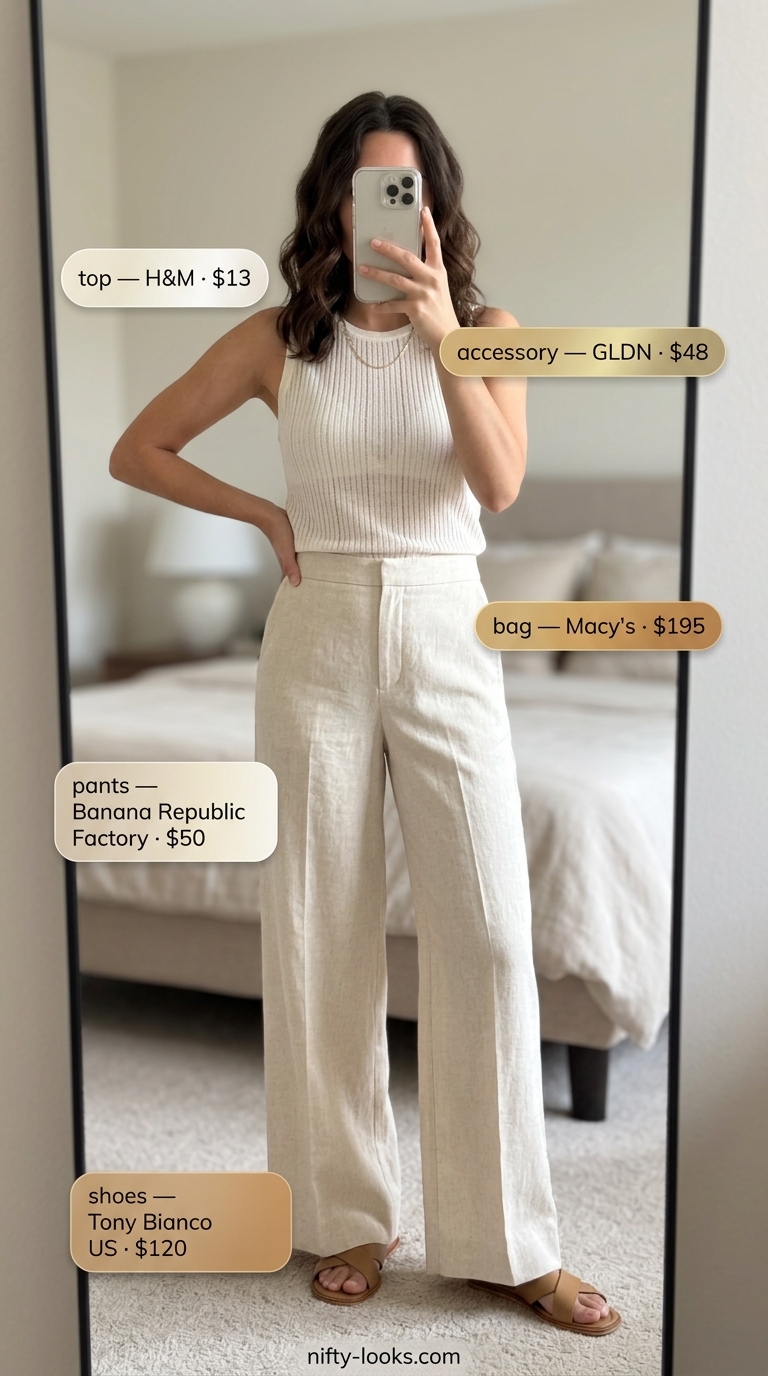 Minimalist summer basic outfit for women 2026: Natural linen pants, ivory tank, and flat sandals for comfortable errands.
