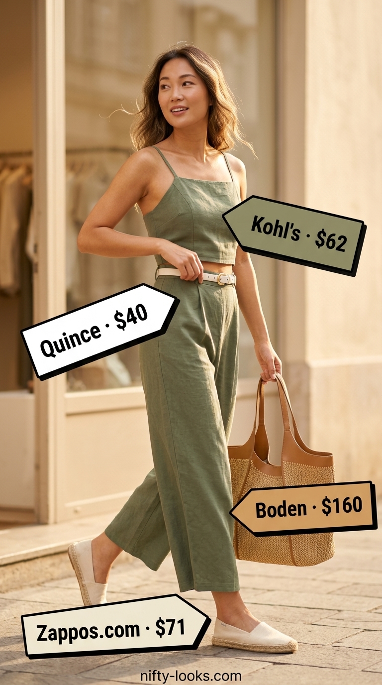 Minimalist summer basic outfit for women 2026: Olive green linen jumpsuit, espadrilles, and straw tote for chic travel.