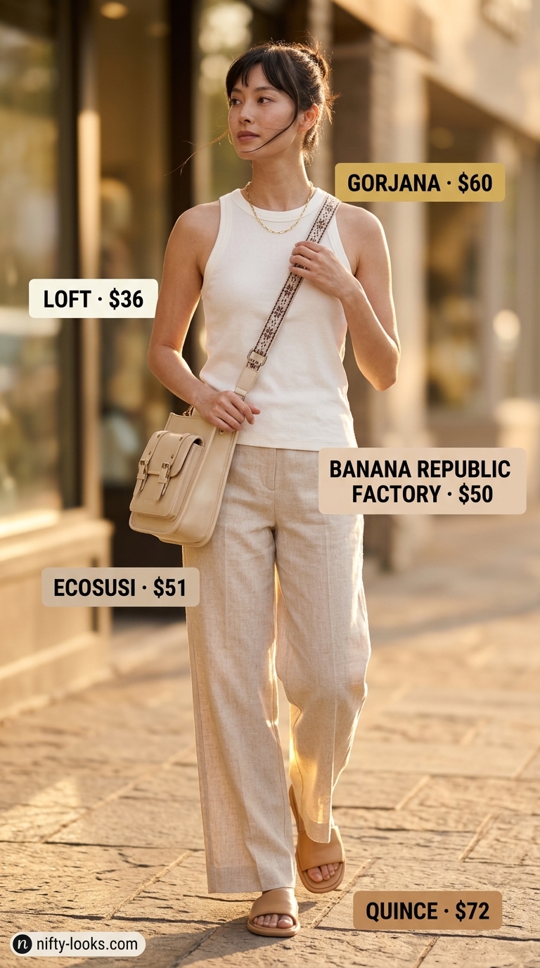 Minimalist summer basic outfit for women 2026: Beige linen pants, cream knit tank, and leather slides for relaxed brunch.
