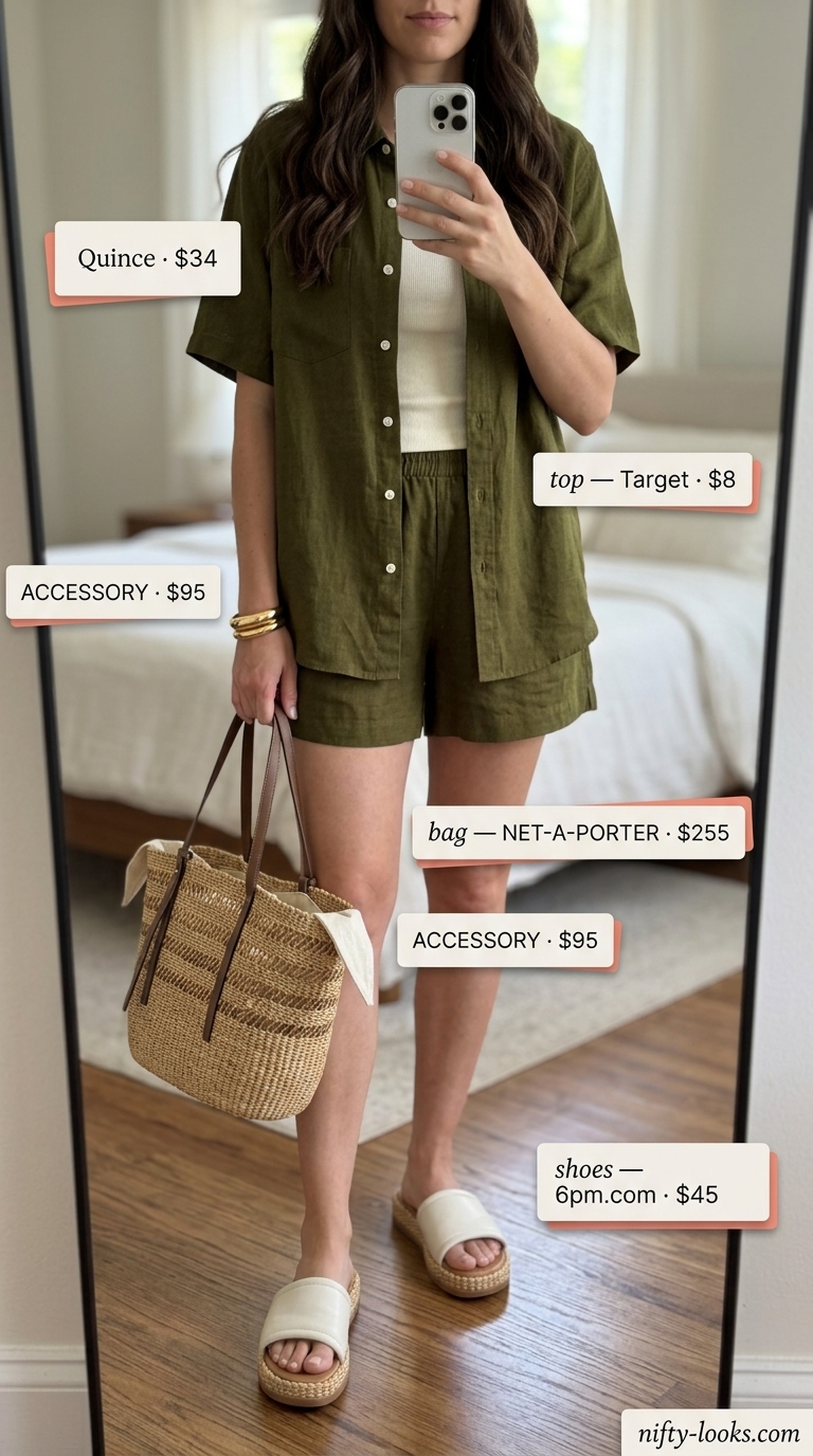 Minimalist summer basic outfit women 2026: Olive linen set, cream tank, straw tote, flat slides.