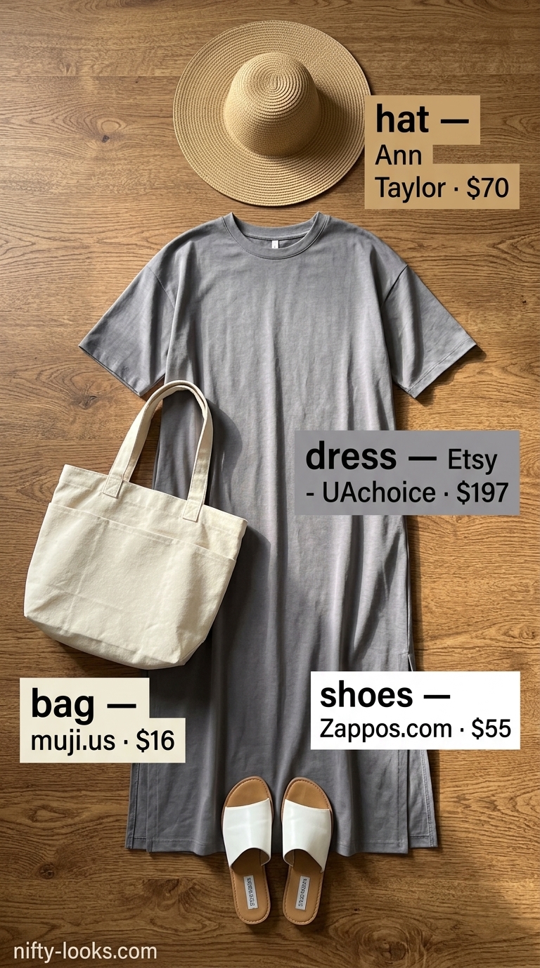 Minimalist summer basic outfit women 2026: Stone grey maxi dress, white slides, tan tote, straw hat.