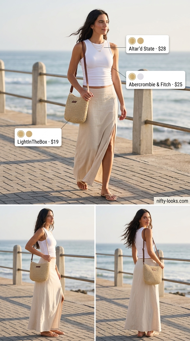 Minimalist summer basic outfit for women 2026: Stone maxi skirt, white tank, and straw bag for elegant beachside dinners.