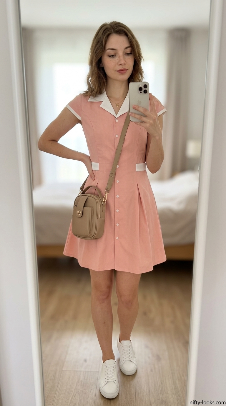 Minimalist summer basic outfit women 2026: Blush pink mini dress, white sneakers, tan crossbody.