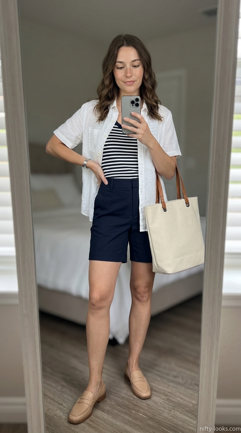 Minimalist summer basic outfit women 2026: Navy shorts, white linen shirt, loafers, canvas tote.