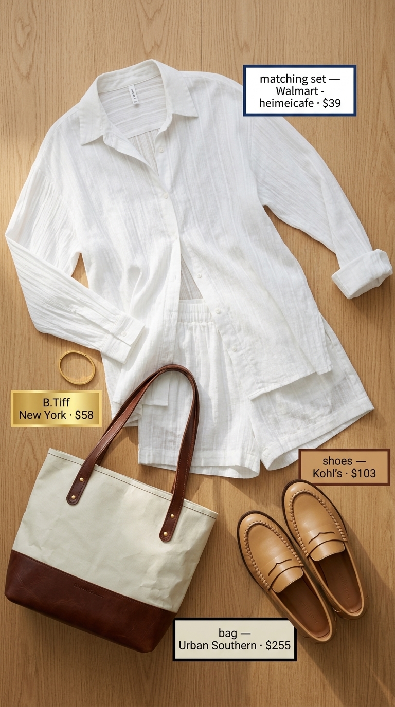 Minimalist summer basic outfit for women 2026: White shorts set, loafers, and tote bag for a polished casual look.