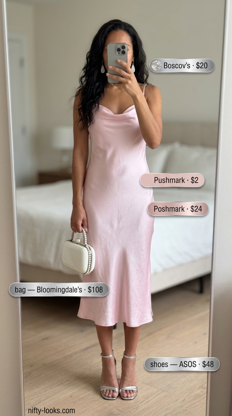 Minimalist summer basic outfit women 2026: Blush slip dress, silver heels, crystal earrings, clutch.